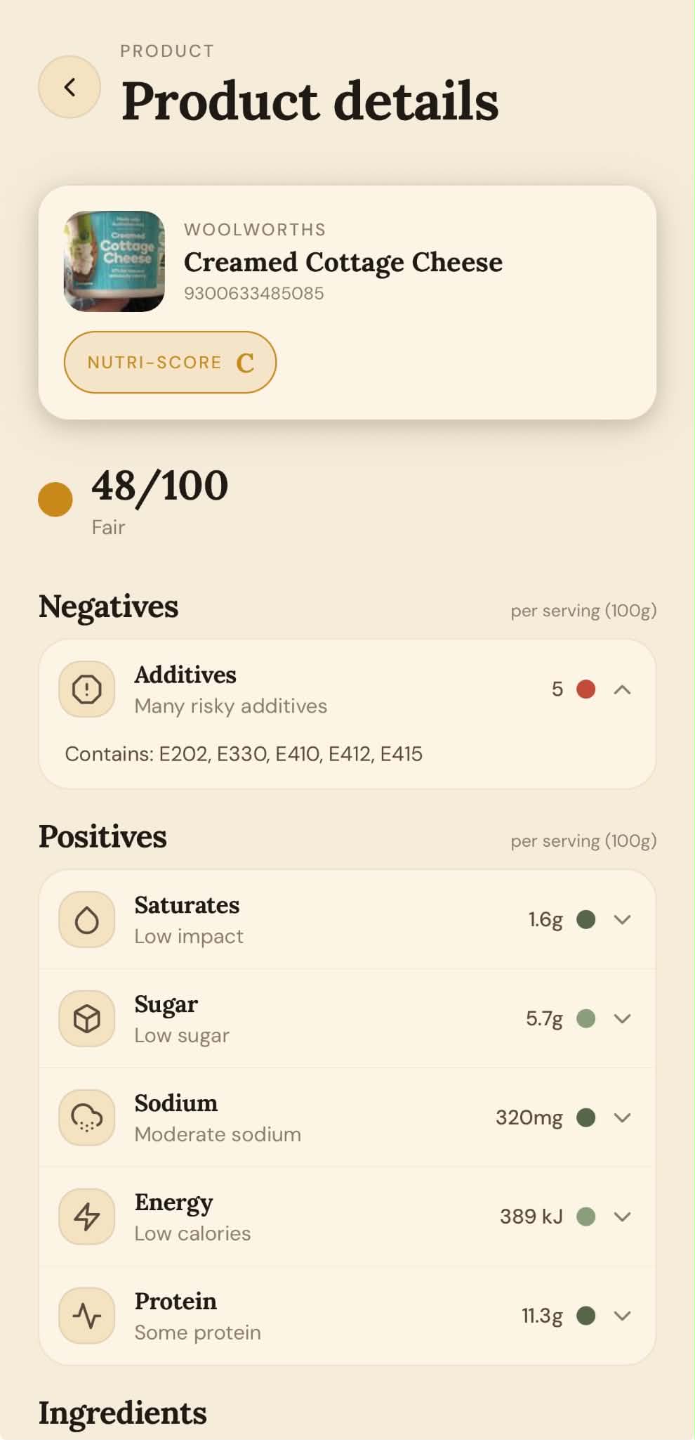 Product details with a Nutri-Score and health verdict after scanning a barcode