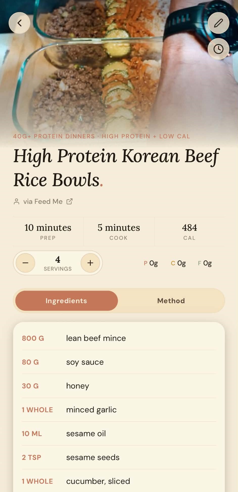 An imported recipe with its ingredients, steps and nutrition