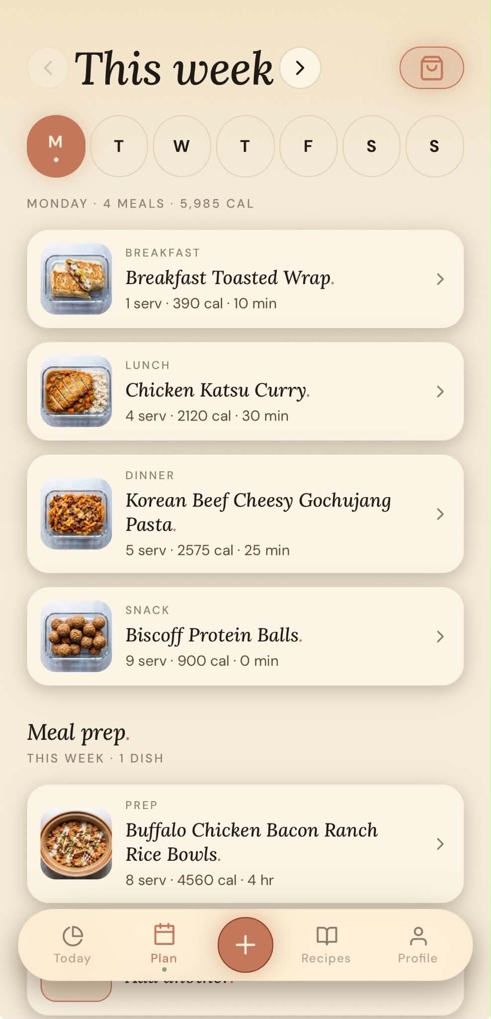 The weekly planner with recipes dropped into each day